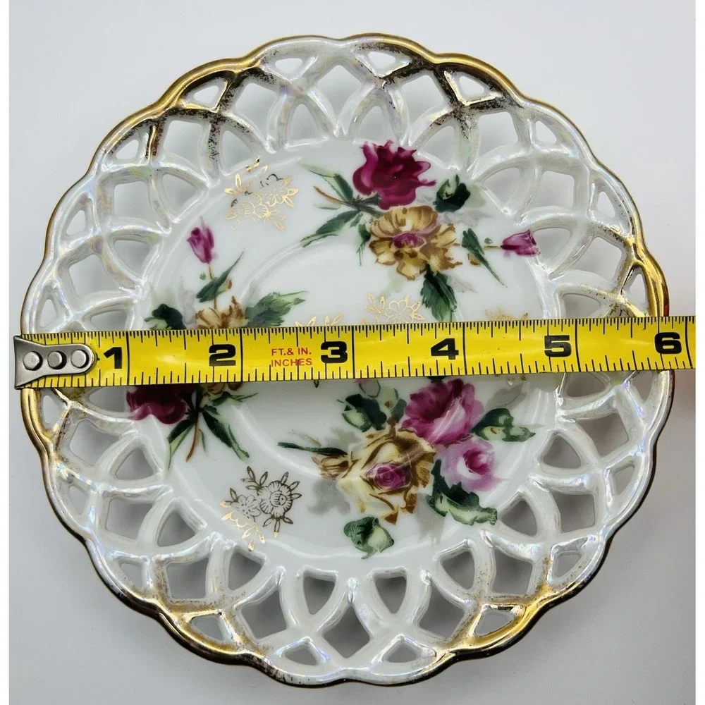 Vintage Reticulated Lace Edge Floral Porcelain Saucer Gold Trim Tea Party Plate